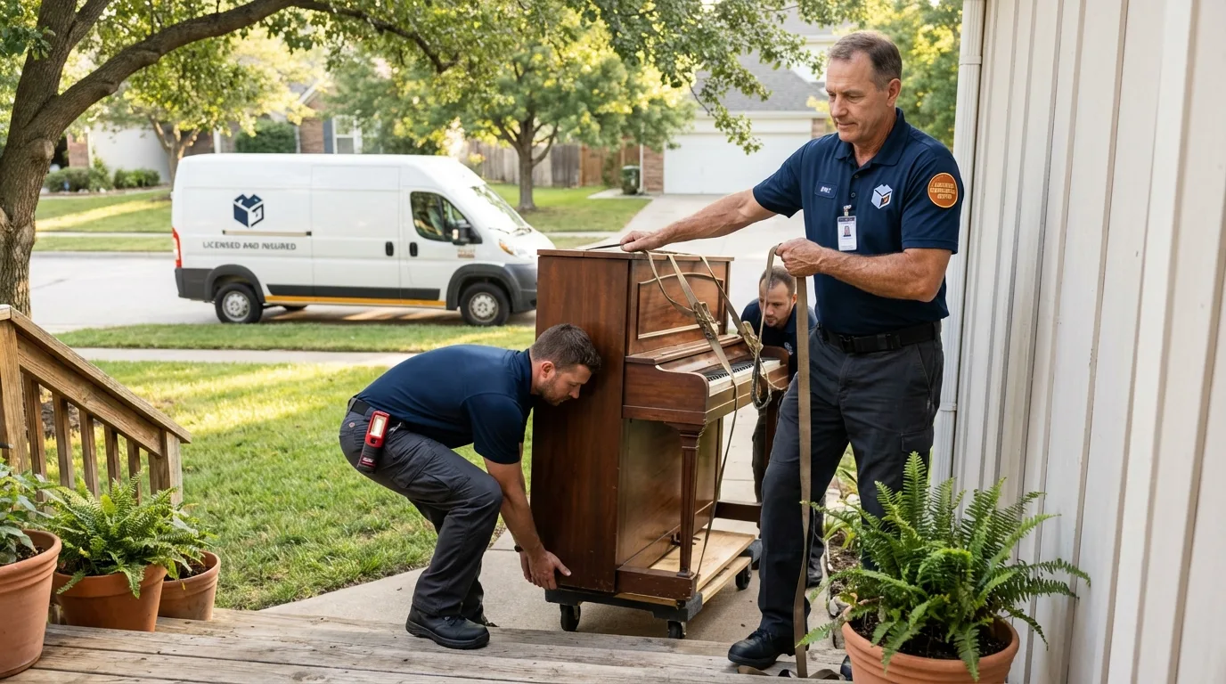 Licensed piano movers securing grand piano in Rapid City, SD