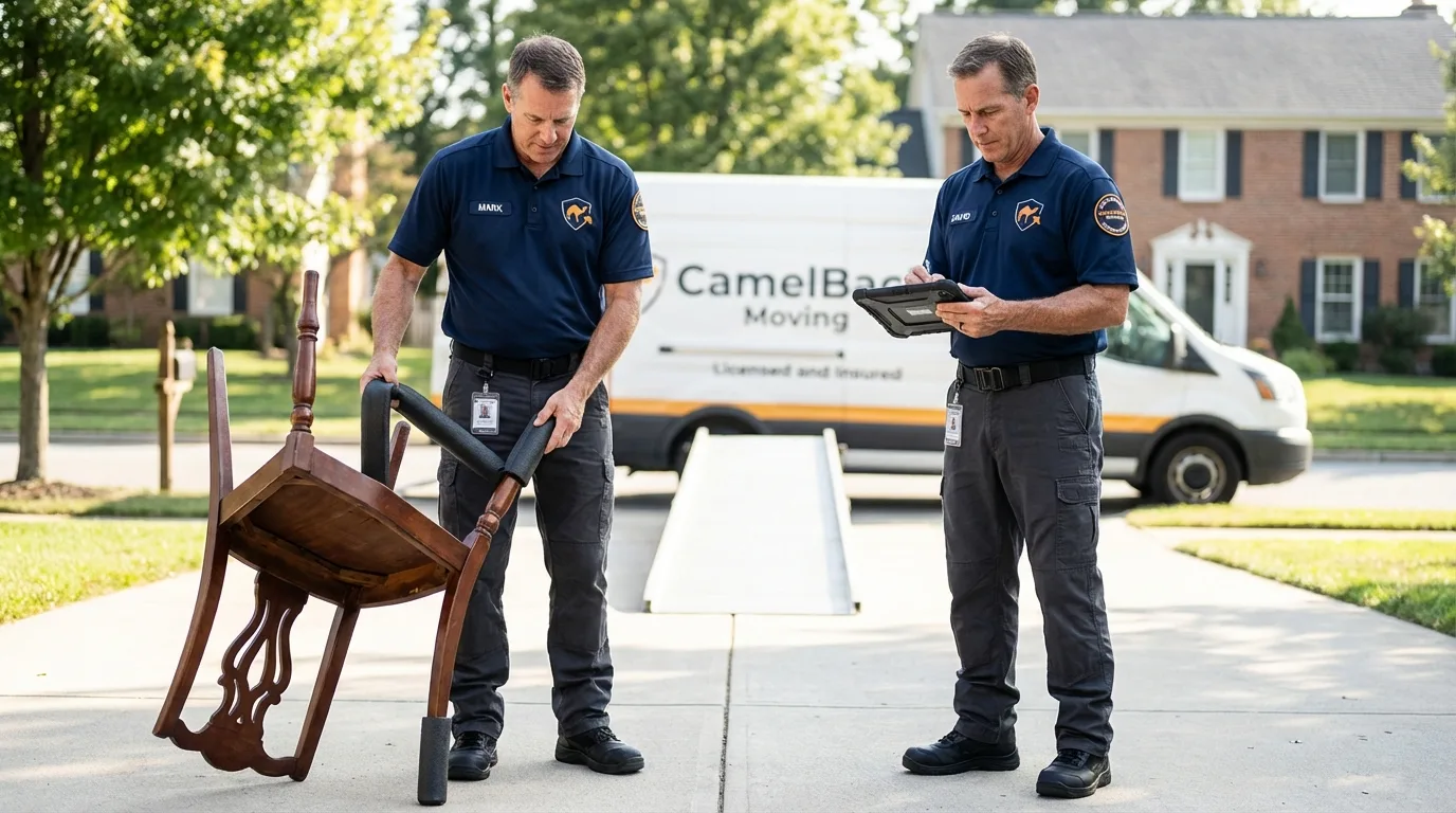 Movers inspecting furniture for damage prevention before loading in Rapid City, SD