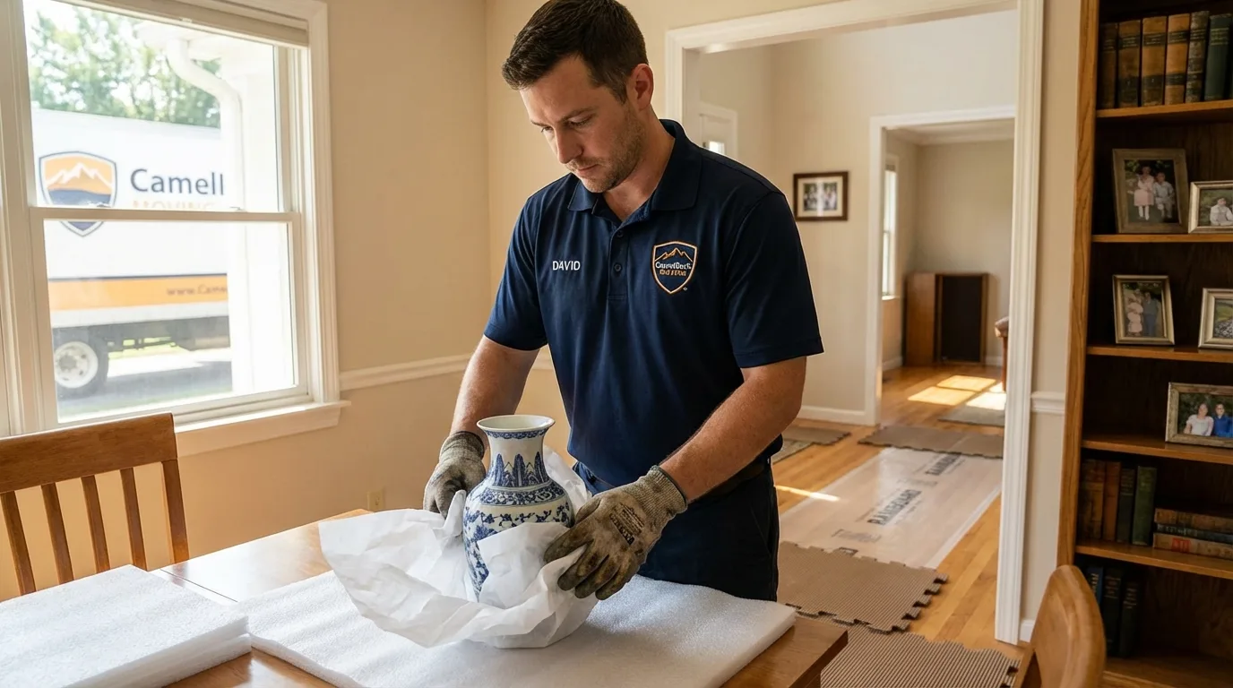 Professional crew carefully wrapping antique vase for senior downsizing move in Rapid City, SD